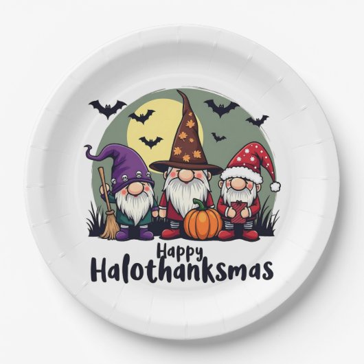 Happy Hallothanksmas Xmas Halloween Gnomes Pappteller (Vorderseite)