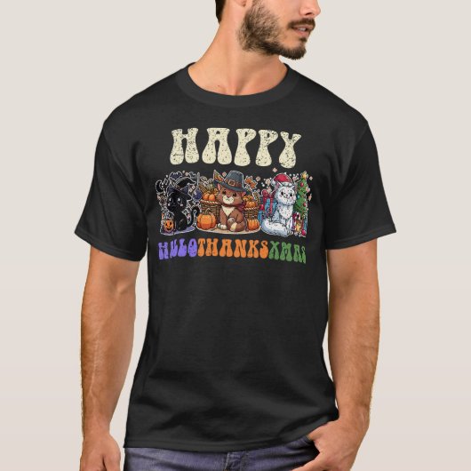 Happy Hallothanksxmas Cat Halloween Thanksgiving C T-Shirt (Vorderseite)