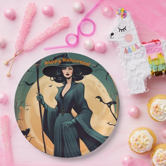 Happy Halloween, Art-Déco-Hexe, Kostüm-Party Pappteller (Party)