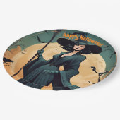 Happy Halloween, Art-Déco-Hexe, Kostüm-Party Pappteller (Schrägansicht)