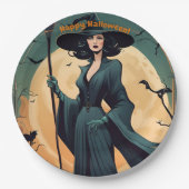 Happy Halloween, Art-Déco-Hexe, Kostüm-Party Pappteller (Vorderseite)