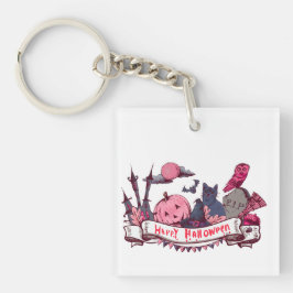 Happy Halloween Banner with Castle, Pumpkin, Black Schlüsselanhänger