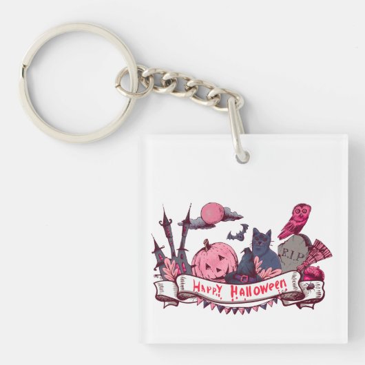 Happy Halloween Banner with Castle, Pumpkin, Black Schlüsselanhänger (Vorderseite)