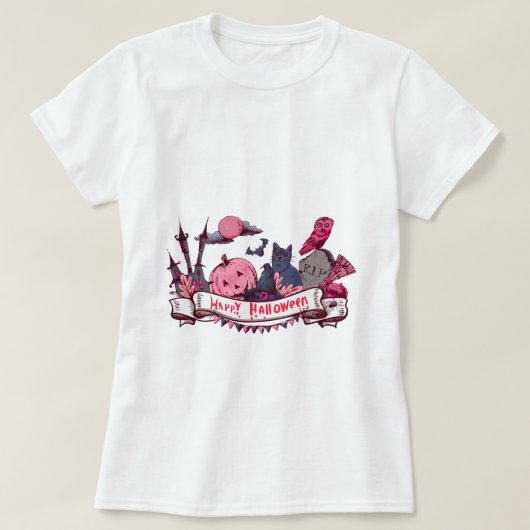 Happy Halloween Banner with Castle, Pumpkin, Black T-Shirt (Design vorne)