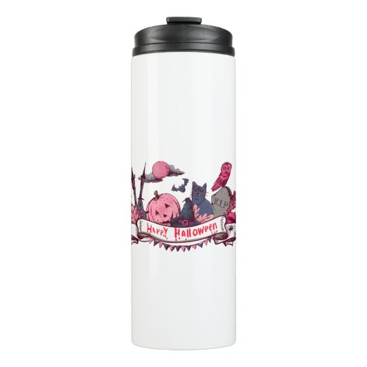 Happy Halloween Banner with Castle, Pumpkin, Black Thermosbecher (Vorderseite)