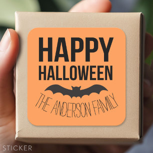 Happy Halloween Bat mit schwarzem Namen Quadratischer Aufkleber
