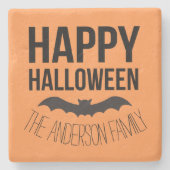 Happy Halloween Bat mit schwarzem Namen Steinuntersetzer (Vorderseite)