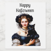 Happy Halloween Beautiful Witch And Her Black Cat Weinetikett (Einzelnes Label)