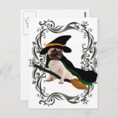 Happy halloween Besenwitscher Mops Postkarte (Vorne/Hinten)