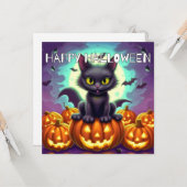 Happy Halloween Black Bat Cat Karte (Vorderseite/Rückseite Beispiel)