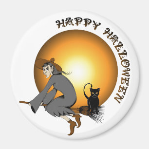 Happy Halloween Black Cat and Hexe Magnet