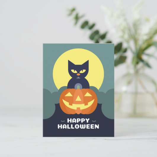 Happy Halloween Black Cat and Pumpkin Postkarte (Stehend Vorderseite)