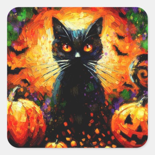 Happy Halloween Black Cat Bats Pumpkins Quadratischer Aufkleber (Vorderseite)