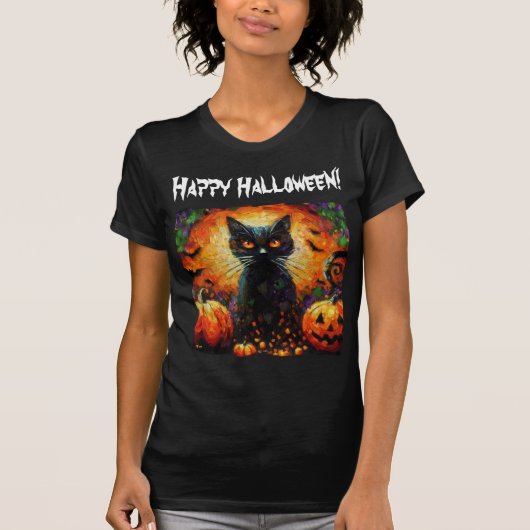 Happy Halloween Black Cat Bats Pumpkins T-Shirt (Vorderseite)