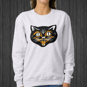Happy Halloween Black Cat Face mit Orange White Sweatshirt