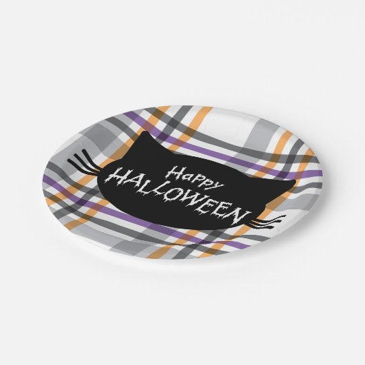 Happy Halloween Black Cat Face Silhouette Pappteller (Schrägansicht)