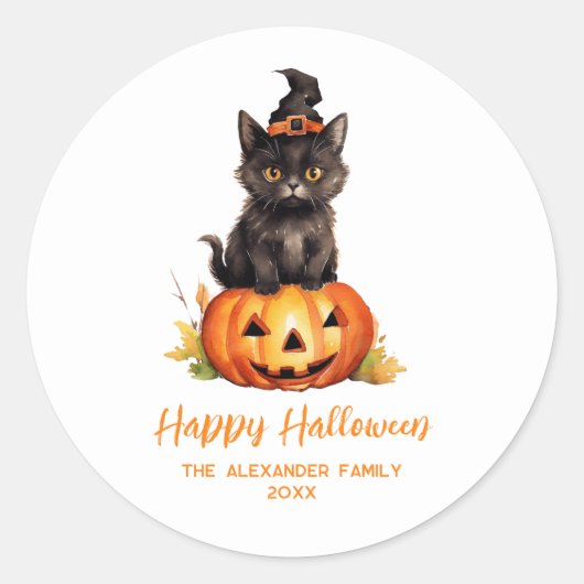 Happy Halloween Black Cat Hexenhut Pumpkin Runder Aufkleber (Vorderseite)