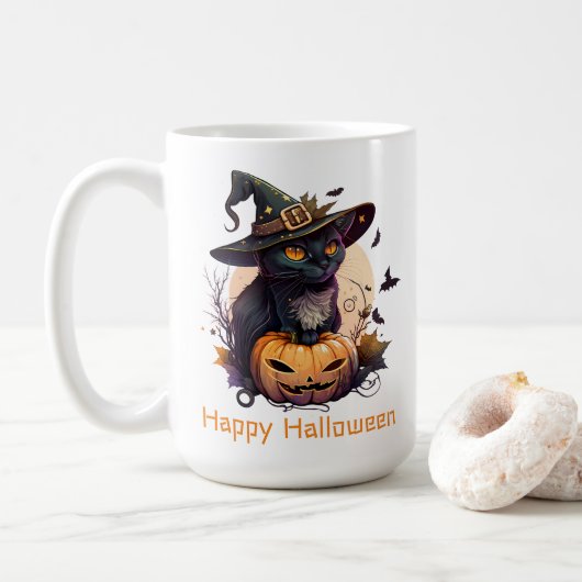 Happy Halloween Black Cat Jack-o-Lantern Kaffeetasse (Mit Donut)