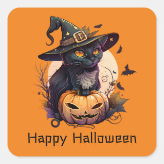 Happy Halloween Black Cat Jack-o-Lantern Orange Quadratischer Aufkleber