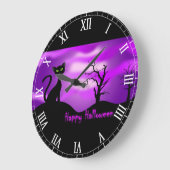 Happy Halloween Black Cat Lila Große Wanduhr (Winkel)