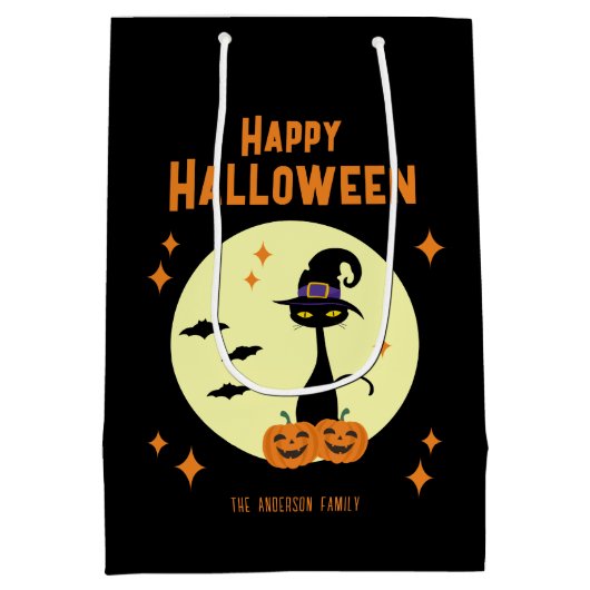 Happy Halloween Black Cat Personalisiert Mittlere Geschenktüte (Rückseite)