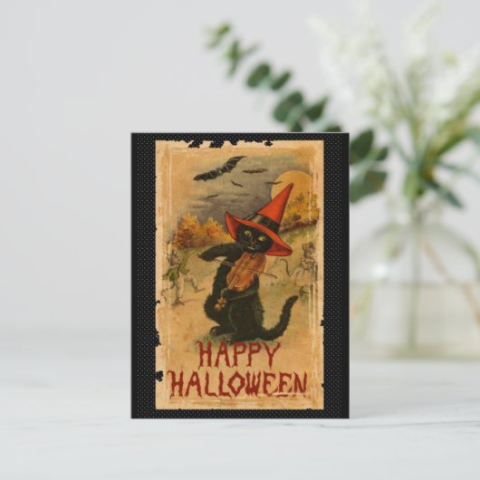 Happy Halloween Black Cat Playing Fiddle Bats Postkarte (Stehend Vorderseite)