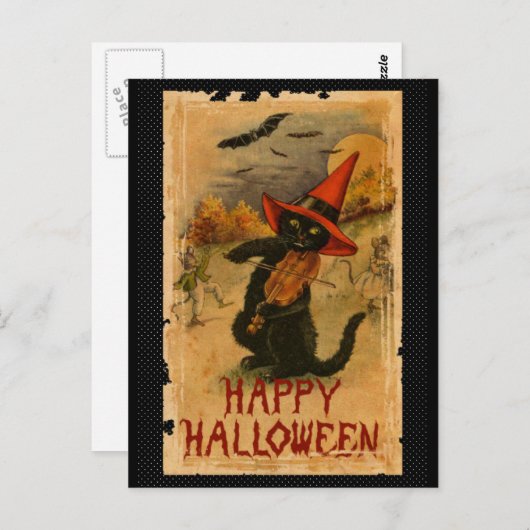 Happy Halloween Black Cat Playing Fiddle Bats Postkarte (Vorne/Hinten)