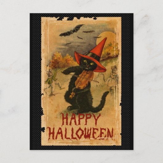 Happy Halloween Black Cat Playing Fiddle Bats Postkarte (Vorderseite)