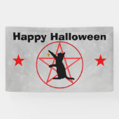 Happy Halloween Black Cat Stars Pentagram Gray Banner (Horizontal)