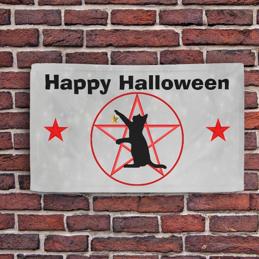 Happy Halloween Black Cat Stars Pentagram Gray Banner