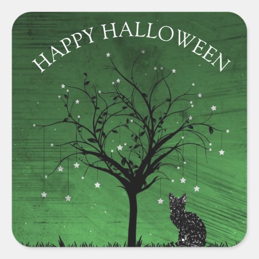 Happy Halloween Black Cat Twinkling Star Tree Quadratischer Aufkleber (Vorderseite)
