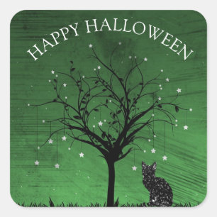 Happy Halloween Black Cat Twinkling Star Tree Quadratischer Aufkleber