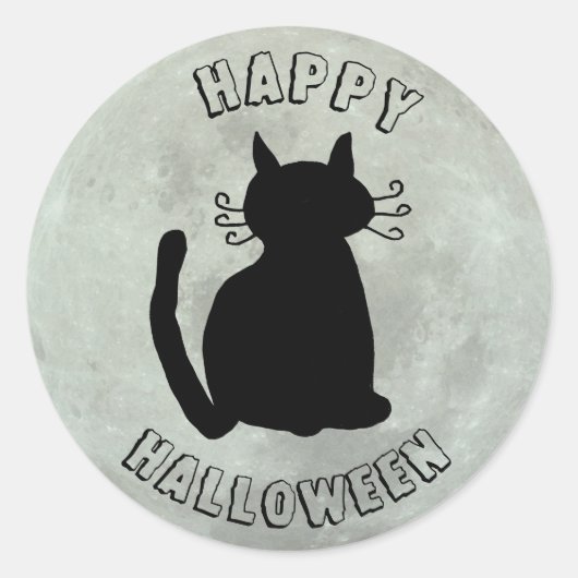 Happy Halloween Black Cat und Vollmond Runder Aufkleber (Vorderseite)