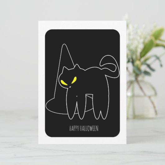 Happy Halloween Black Cat Witch Hat Card (Stehend Vorderseite)