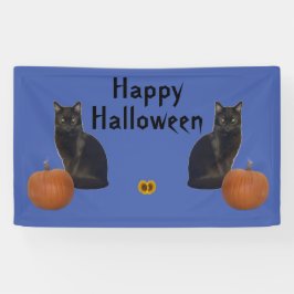 Happy Halloween Black Cats Pumpkins on Blue Banner
