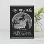 Happy Halloween Black Gray Witch Broom Friedhof Einladung (Stehend Vorderseite)