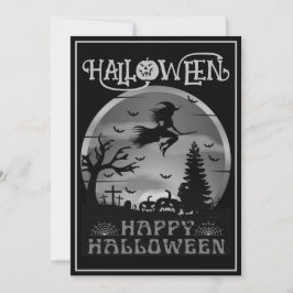 Happy Halloween Black Gray Witch Broom Friedhof Einladung