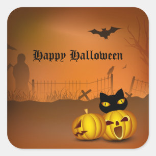 Happy Halloween Black Pumpkin Patch Cat Quadratischer Aufkleber