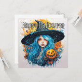 Happy Halloween | Blauhaarige Rotzunge Karte (Vorderseite/Rückseite Beispiel)