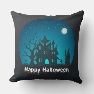 Happy Halloween Blue and Black Spuk House Kissen