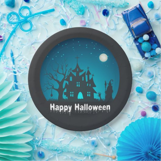 Happy Halloween Blue and Black Spuk House Pappteller (Party)