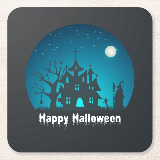 Happy Halloween Blue and Black Spuk House Rechteckiger Pappuntersetzer (Vorderseite)