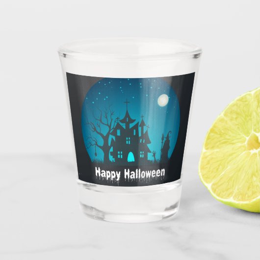 Happy Halloween Blue and Black Spuk House Schnapsglas (Vorderseite)