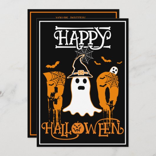 HAPPY HALLOWEEN BOO WHITE GHOST BEÄNGSTIGENDES PAR EINLADUNG (Vorne/Hinten)