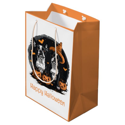 Happy Halloween Boston Terrier Dogs Mittlere Geschenktüte (Rückseite Schrägansicht)