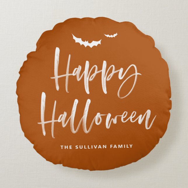 Happy Halloween Brush Lettering Burnt Orange Rundes Kissen (Vorderseite)