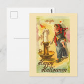 Happy Halloween Candlestick und Girl Vintag Postkarte (Vorne/Hinten)