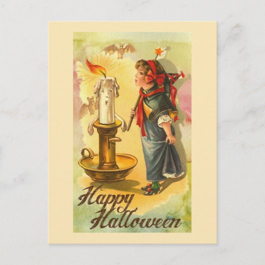 Happy Halloween Candlestick und Girl Vintag Postkarte (Vorderseite)