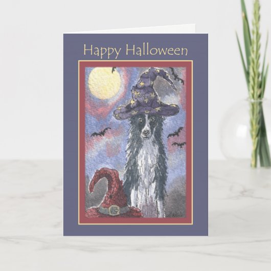 Happy Halloween Card, Ränder Collie Hund Zauberer Karte (Vorderseite)
