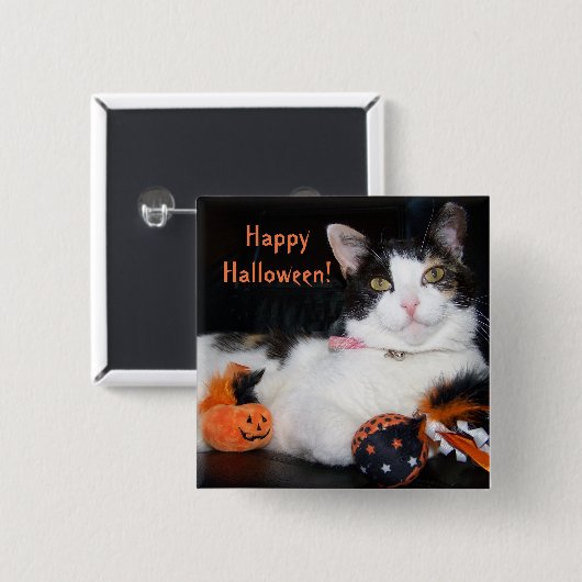 Happy Halloween Cat Calico Kitty mit Pumpkin Button (Vorne & Hinten)